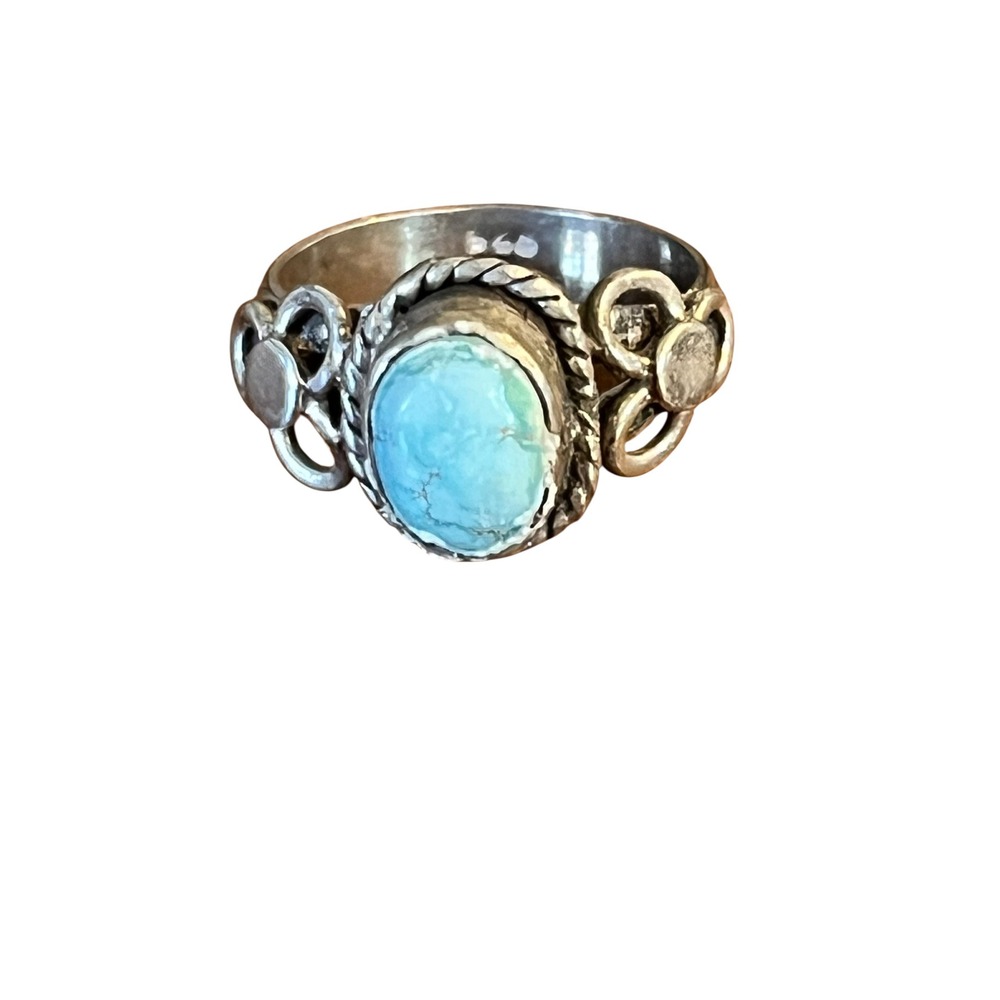 Vintage 925 Sterling Silver Turquoise Cabochon Rope Edge Boho Ring Size 6